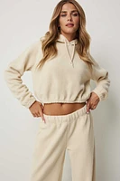 Ardene Crop Sherpa Hoodie in Beige | Size | Polyester