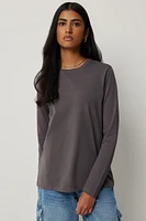 Ardene Basic Long Sleeve T-Shirt in Dark Grey | Size | Cotton/Elastane | Eco-Conscious