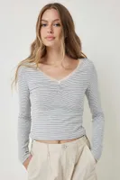 Long Sleeve V-Neck Tee with Lace Trim | Ardene