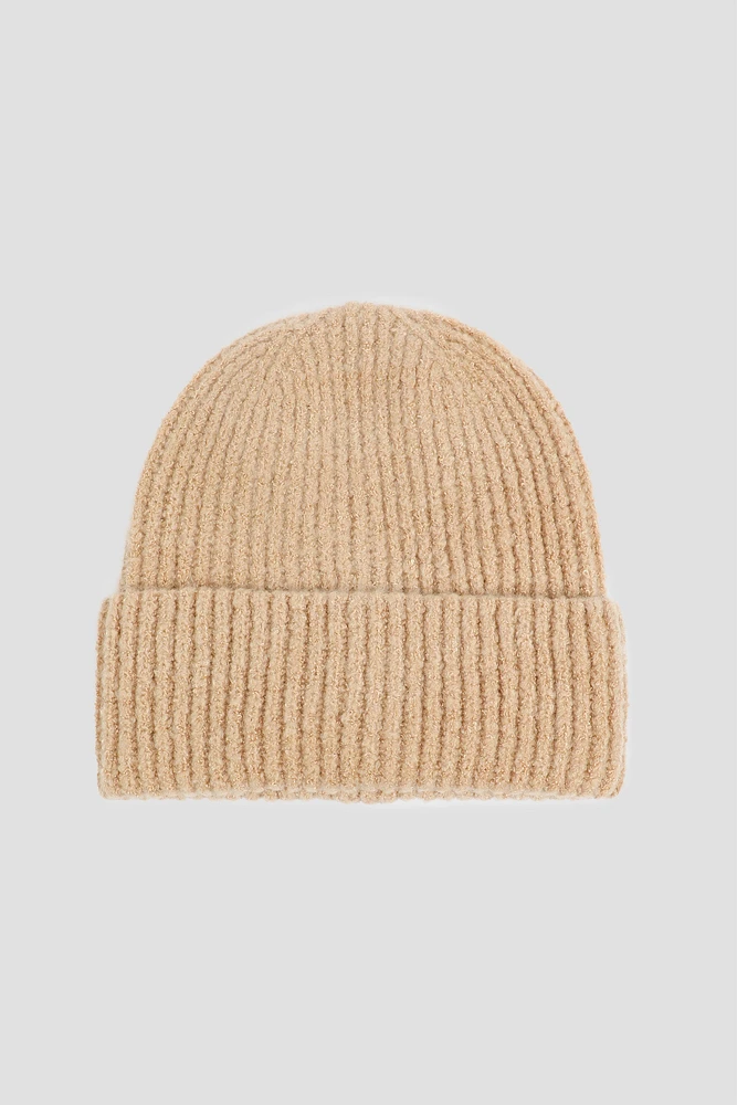 Ardene Wide Cuff Ribbed Beanie in Beige | Polyester/Elastane/Polyamide