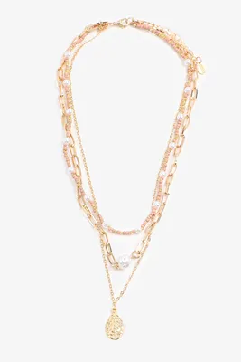 Ardene 3-Row Chain Necklace with Coin Pendant in Gold