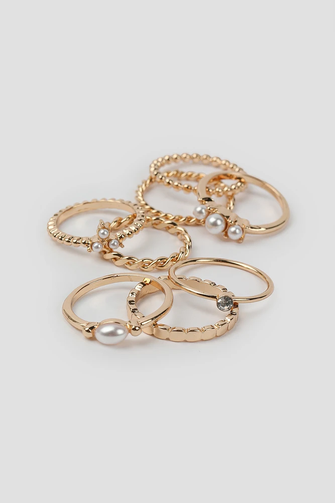 Ardene 8-Pack Mini Pearl Rings in Gold | Size