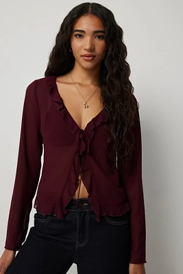 Ardene Tie Front Ruffle Chiffon Blouse in Burgundy | Size | Polyester