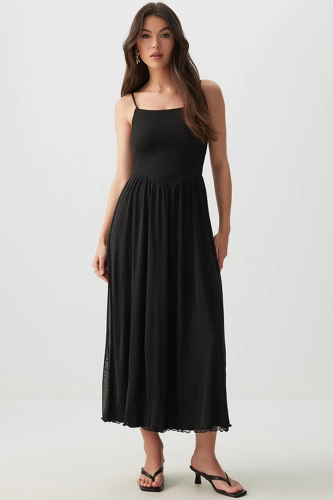 Ardene Smocked Bodice Midi Dress in Black | Size | Polyester/Spandex