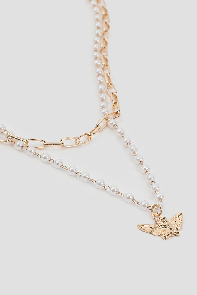 Ardene Two-Row Necklace with Angel Pendant in Gold