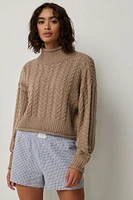 Ardene Crop Mock Neck Cable Sweater in Beige | Size | 100% Acrylic