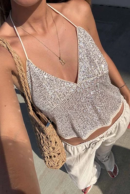 Ardene Sequin Halter Tank in Beige | Size Small | Polyester
