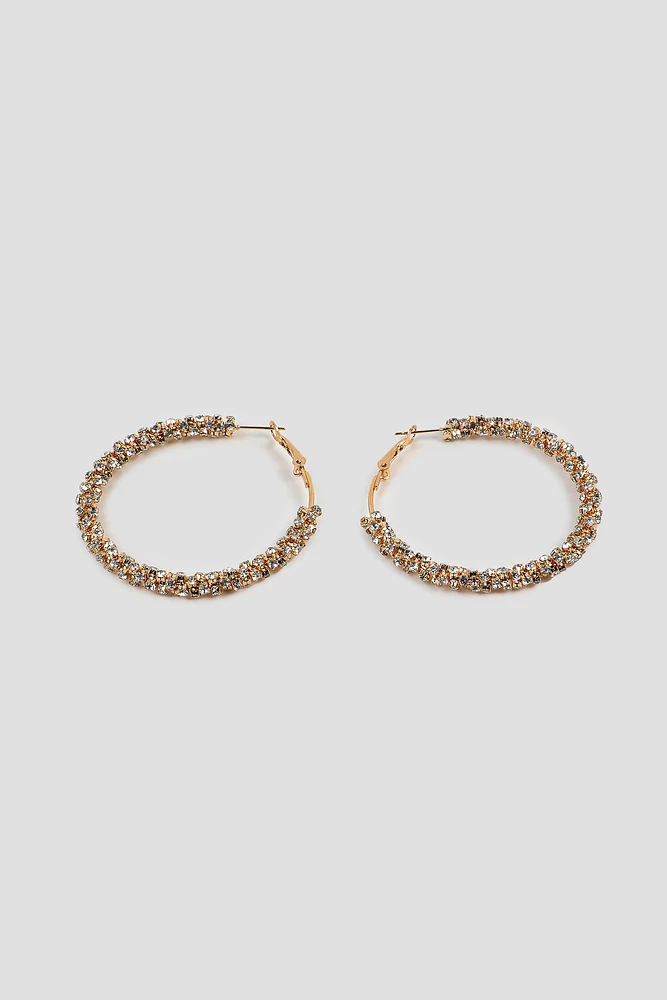 Ardene 50 MM Rhinestone Hoop Earrings in Gold | Stainless Steel