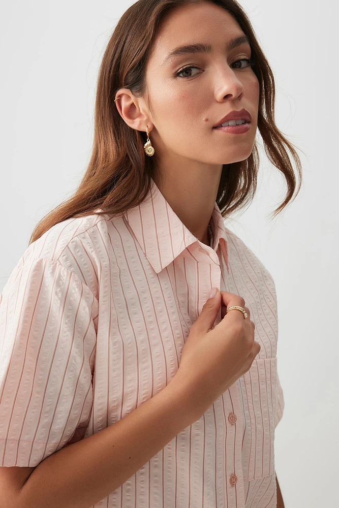 Ardene Striped Short Sleeve Shirt in Light Pink | Size | Polyester/Polyamide/Viscose