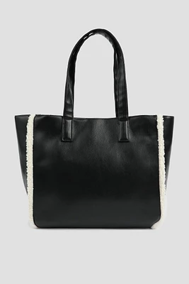 Ardene Tote Bag with Faux Sheep Trim in Black | Faux Leather/Polyester