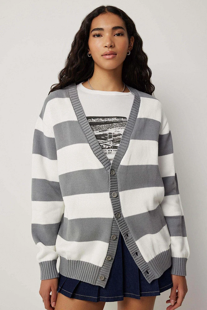 Ardene Striped Oversized Cardigan in Grey | Size | 100% Cotton