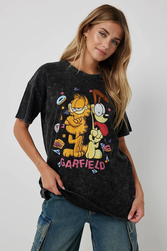 Ardene Acid Wash Garfield Graphic T-Shirt in Black | Size | Cotton