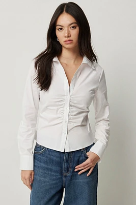 Ardene Fitted Shirred Shirt in White | Size | Cotton/Elastane