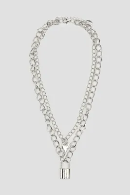 Ardene Key & Padlock Two-Row Necklace in Silver