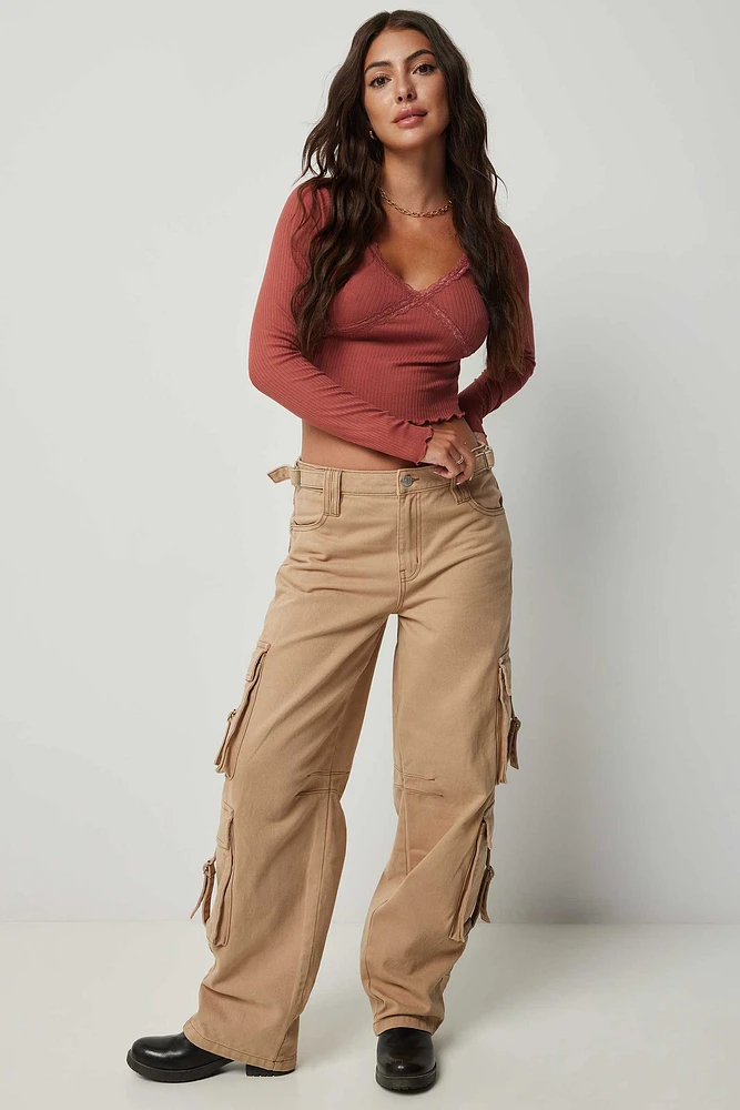 Ardene Mid Rise Wide Leg Cargo Jeans in Beige | Size | 100% Cotton