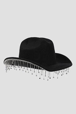 Ardene Cowboy Hat with Rhinestone Tassel Trim in Black | Polyester