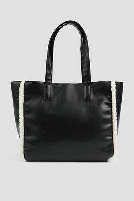 Ardene Tote Bag with Faux Sheep Trim in Black | Faux Leather/Polyester