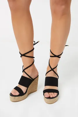 Ardene Jute Wedge Strappy Sandals in Black | Size | Faux Suede/Rubber