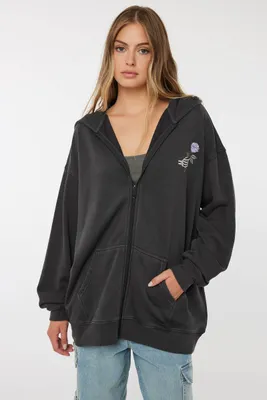 Ardene Oversized Graphic Zip-Up Hoodie in | Size | Polyester/Cotton | Fleece-Lined