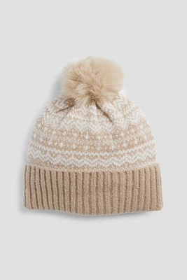 Ardene Nordic Pompom Beanie in Beige | 100% Acrylic