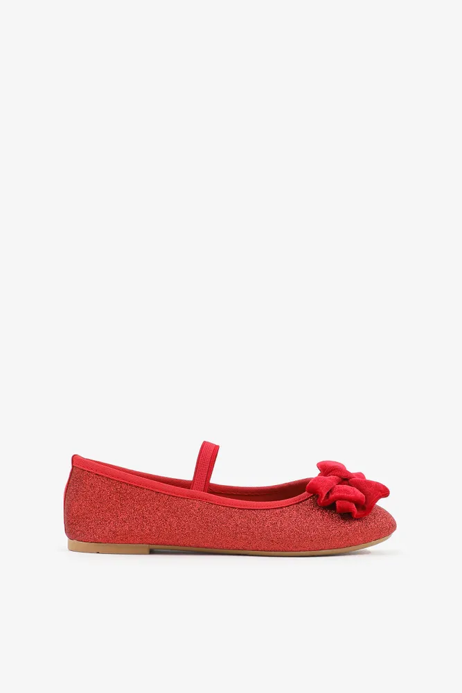 Ardene Kids Glitter Ballet Flats with Velvet Bow in Red | Size