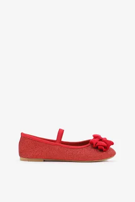 Ardene Kids Glitter Ballet Flats with Velvet Bow in Red | Size