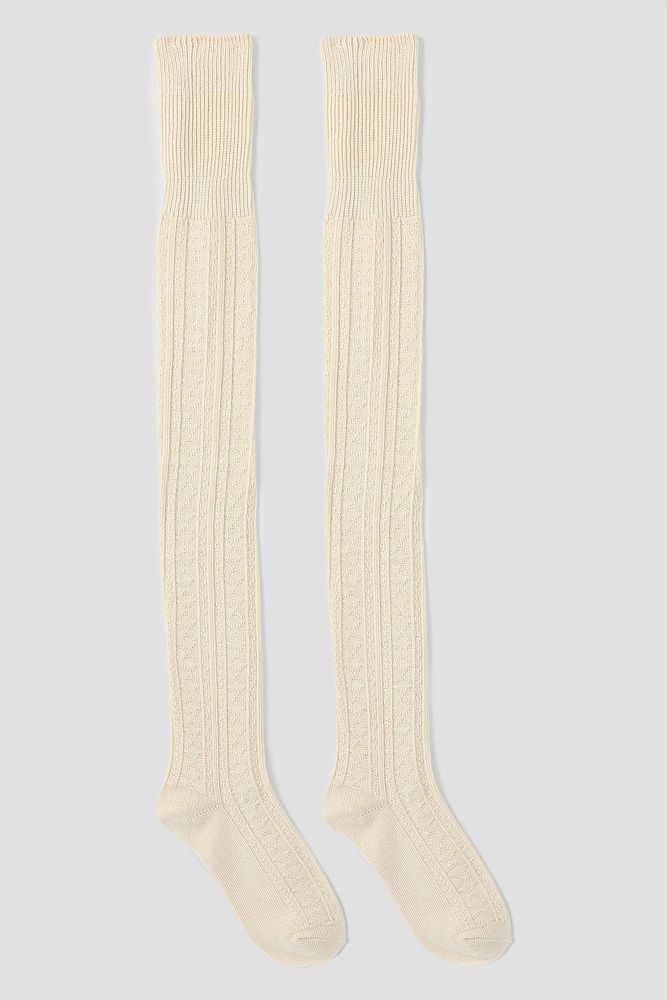 Ardene Cable Knit Over-the-Knee Socks in Beige | Polyester/Spandex