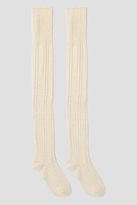 Ardene Cable Knit Over-the-Knee Socks in Beige | Polyester/Spandex