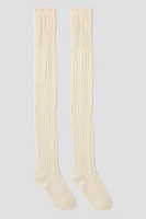 Ardene Cable Knit Over-the-Knee Socks in Beige | Polyester/Spandex