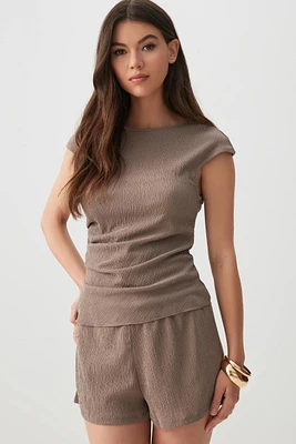 Ardene Ruched Seersucker Top in Brown | Size | Polyester/Spandex