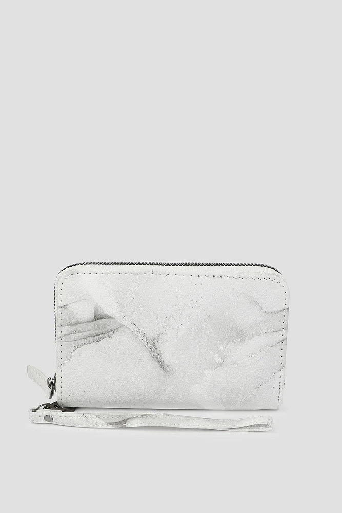 Ardene Marble Print Accordion Wallet in White | Faux Leather/Polyester