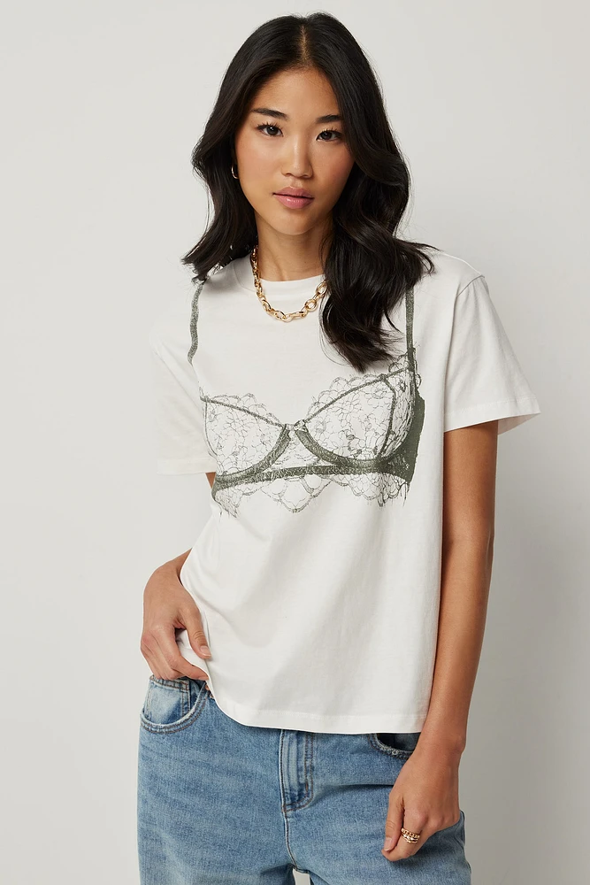 Ardene Oversized Bra Print T-Shirt in White | Size | 100% Cotton