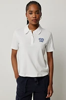 Ardene Short Boxy Polo Shirt with Embroideries in White | Size | 100% Cotton