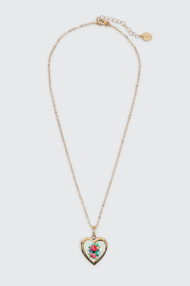 Ardene Floral Heart Locket Necklace in Gold