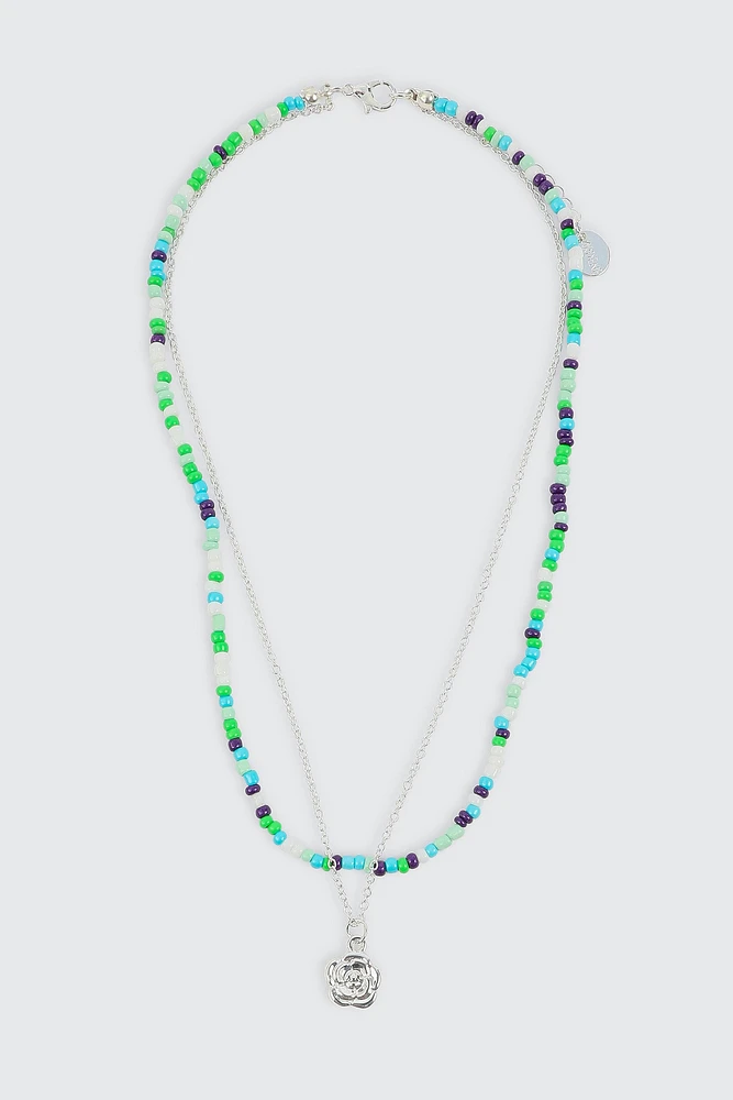 Ardene 2-Row Beaded Necklace with Flower Pendant in Light Blue