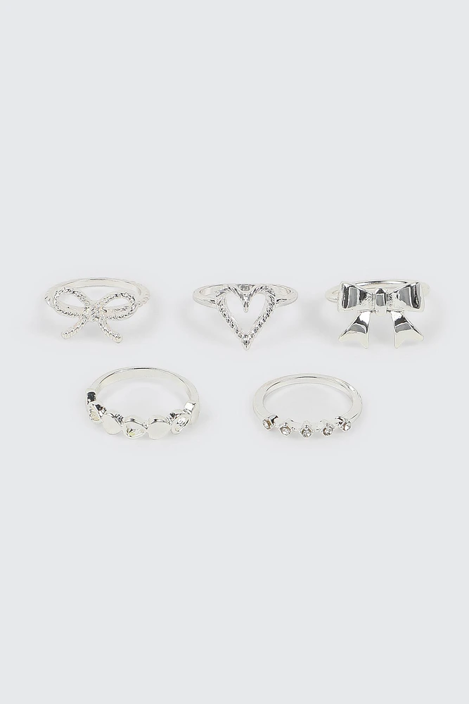 Ardene 5-Pack Heart & Bow Silver Rings | Size