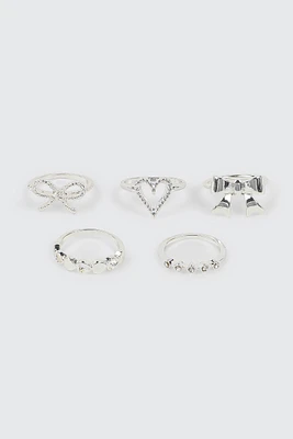 Ardene 5-Pack Heart & Bow Silver Rings | Size