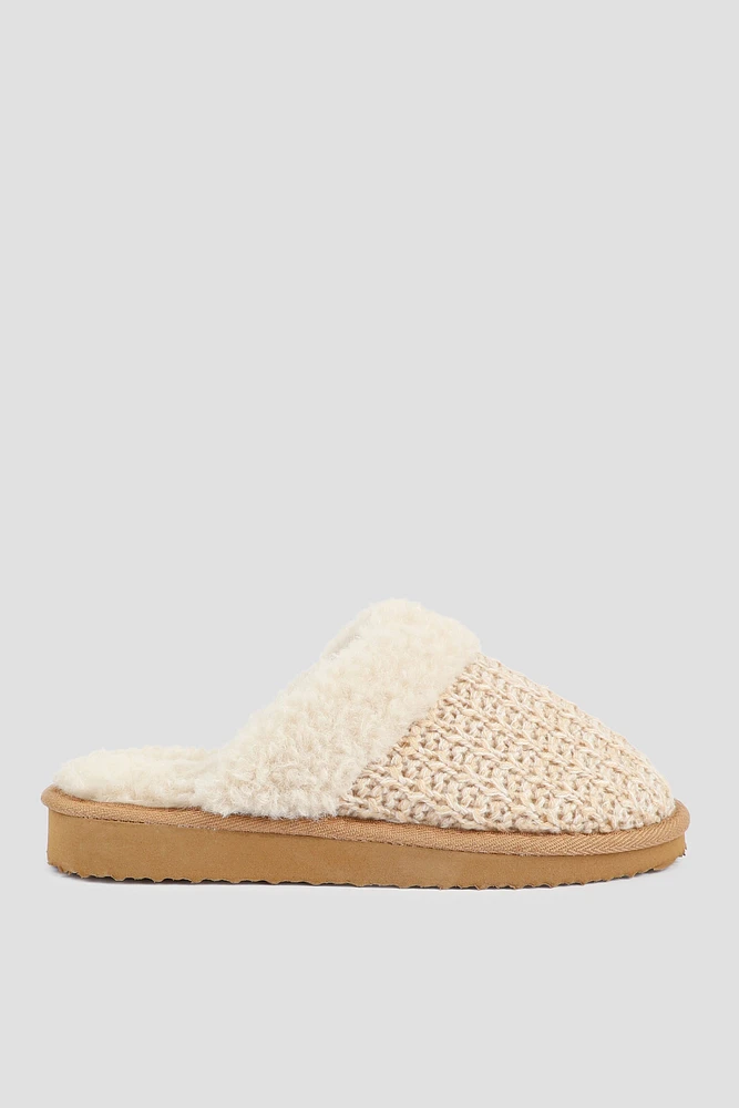 Ardene Knit Mule Slippers with Sherpa Lining in Beige | Size | Polyester | Eco-Conscious