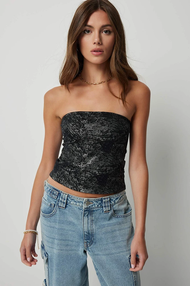 Ardene Printed Tube Top in Dark Grey | Size | Cotton/Elastane