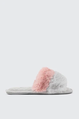 Ardene Colorblock Faux Fur Slippers in Light Grey | Size | Eco-Conscious