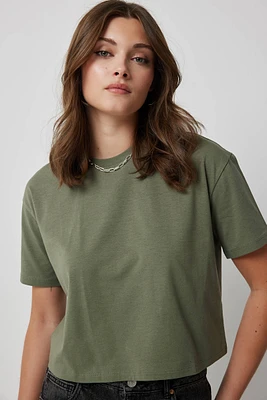 Ardene Basic Crop Boxy T-Shirt in Khaki | Size | Cotton/Elastane | Eco-Conscious