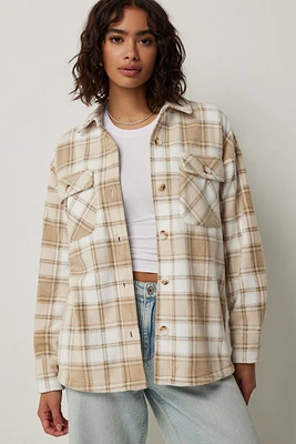 Ardene Plaid Polar Fleece Shirt in Beige | Size | 100% Recycled Polyester | Eco-Conscious