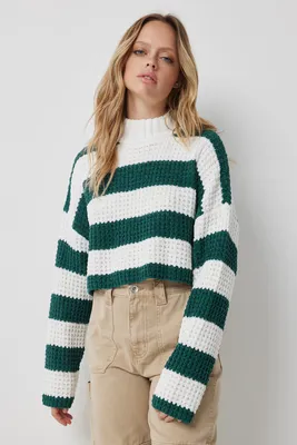Ardene Striped Chenille Mock Neck Sweater in Dark Green | Size | Polyester/Nylon