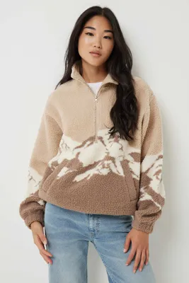 Ardene Mountain Print Sherpa Sweatshirt in Beige | Size | Polyester
