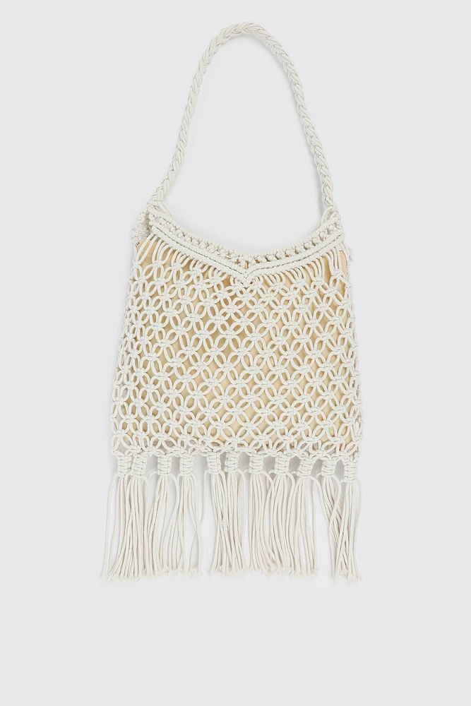 Ardene Crochet Tote Bag with Fringes in White | 100% Recycled Polyester | Eco-Conscious