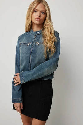 Ardene Denim Biker Jacket in Medium Blue | Size | Polyester/Spandex/Cotton