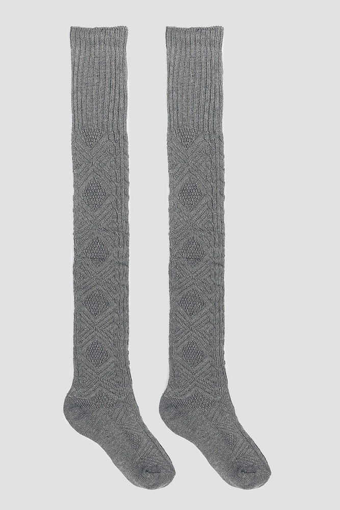 Ardene Over-the-Knee Cable Socks in Grey | Polyester/Spandex