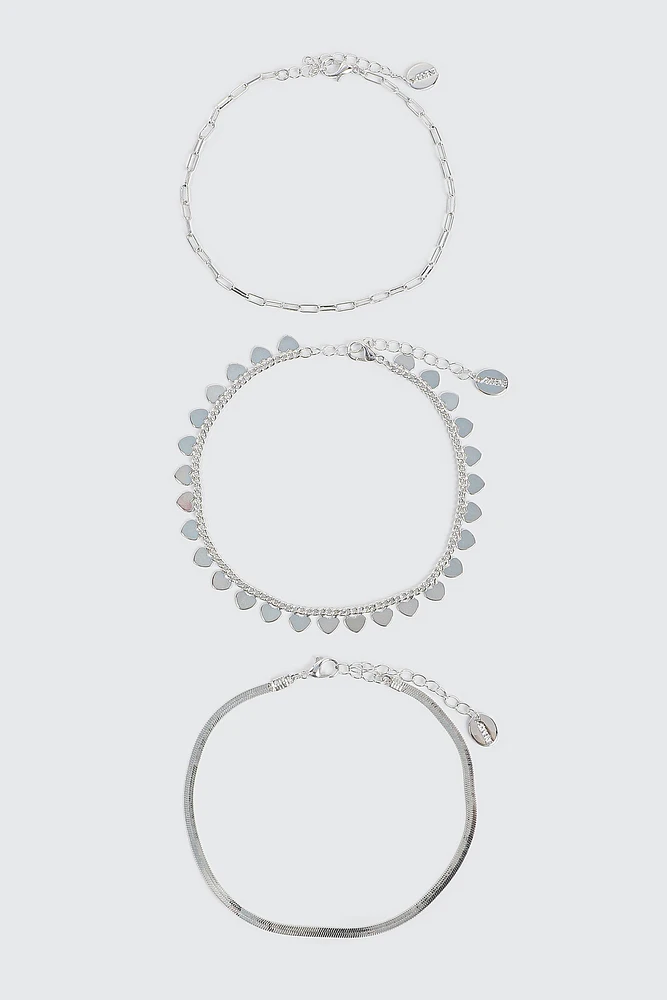 Ardene 3-Pack Heart Anklets in Silver