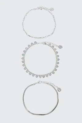 Ardene 3-Pack Heart Anklets in Silver