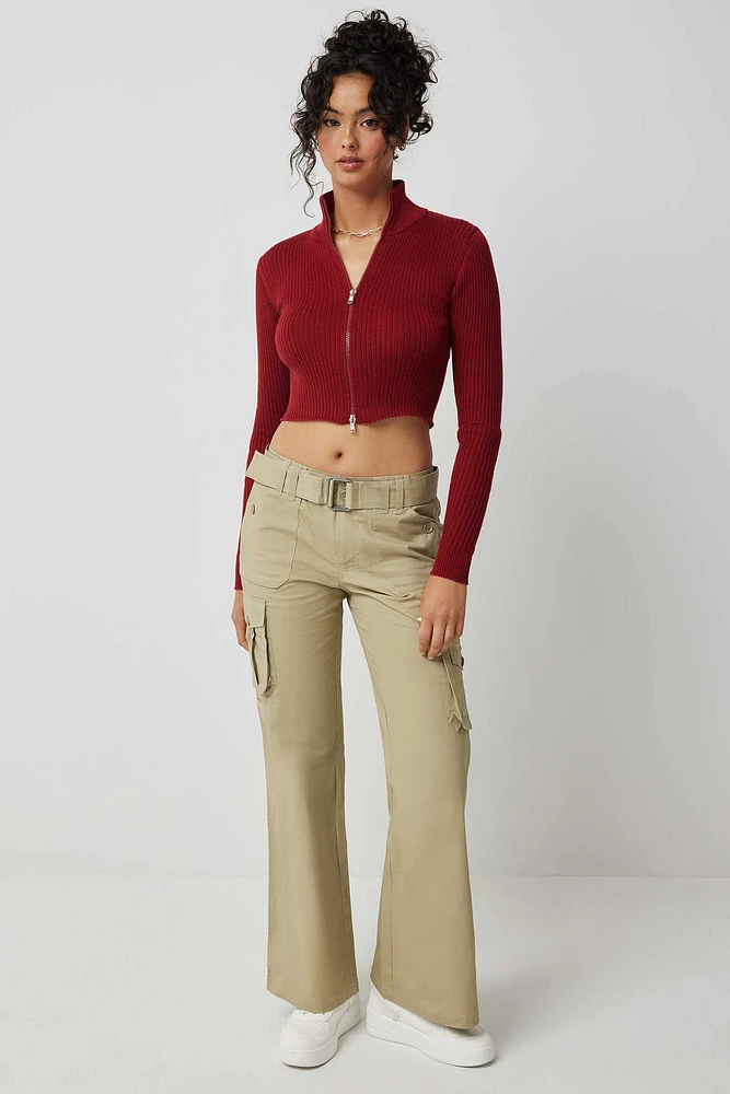 Ardene Flare Cargo Pants with Belt in Khaki | Size | Spandex/Cotton